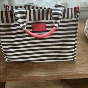 Henri Bendel Black and White Striped Tote with Pink Accents